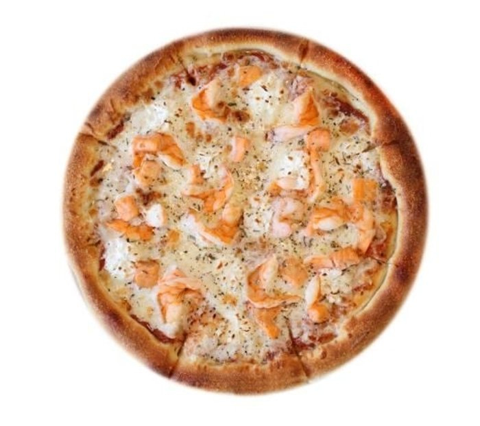 Пицца с креветками и лососем.